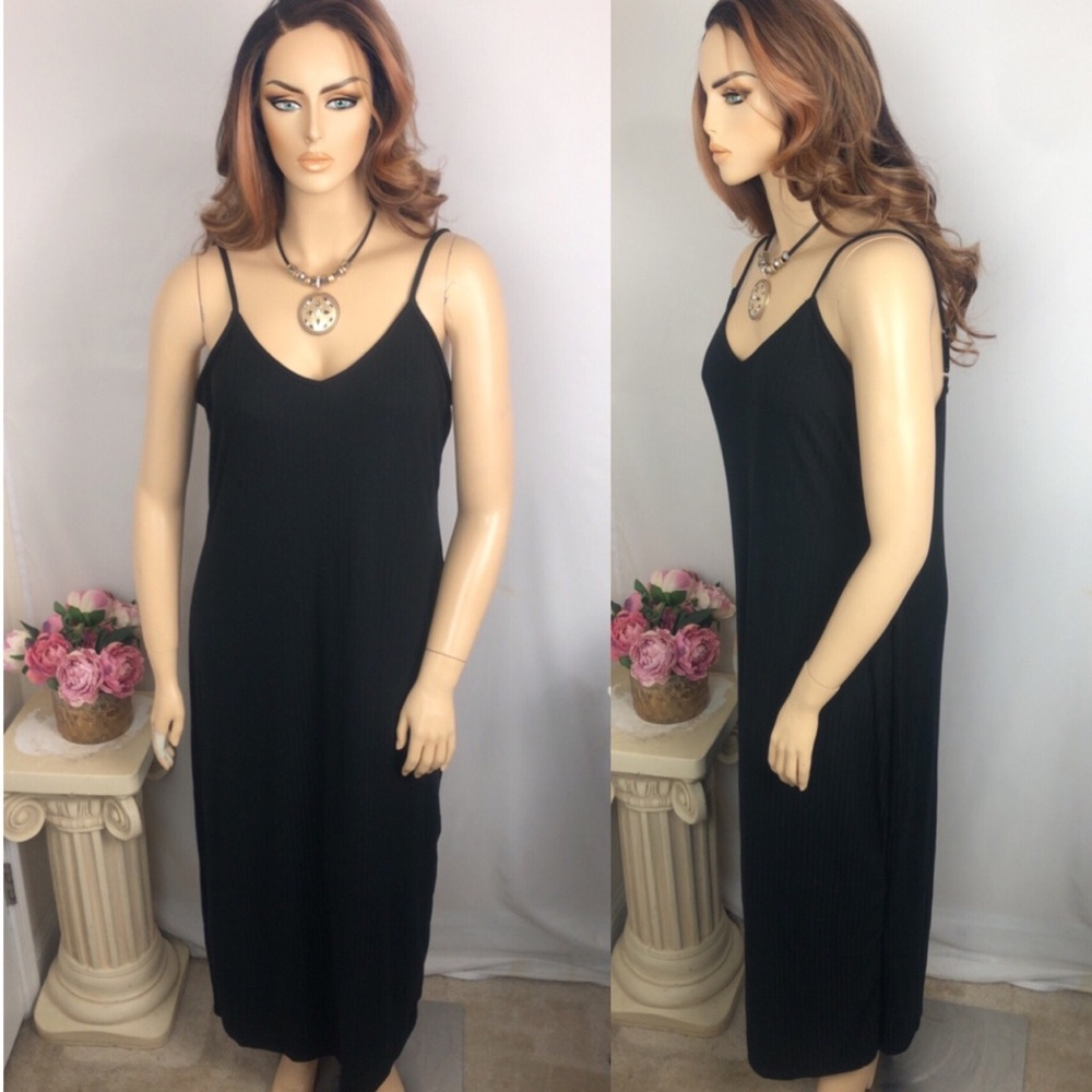 SALE 🔥 2X PLUS Solid Black Ribbed Sleeveless Long Maxi Spaghetti Strap Y2K Dress